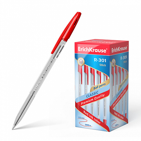 РУЧКА ШАРИКОВАЯ ERICHKRAUSE R-301 STICK CLASSIC 1.0, ЦВЕТ ЧЕРНИЛ КРАСНЫЙ