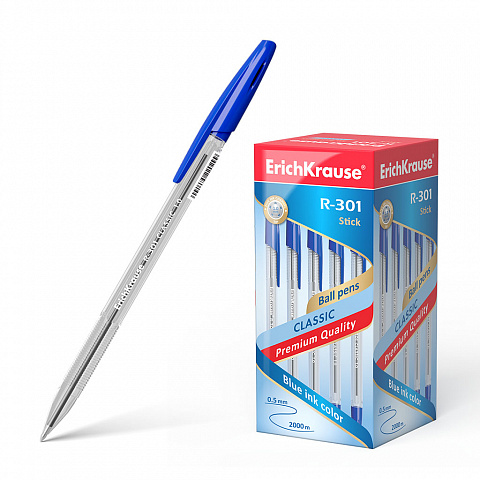 РУЧКА ШАРИКОВАЯ ERICHKRAUSE R-301 STICK CLASSIC 1.0, ЦВЕТ ЧЕРНИЛ СИНИЙ