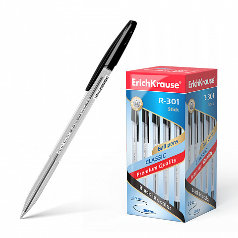 РУЧКА ШАРИКОВАЯ ERICHKRAUSE R-301 STICK CLASSIC 1.0, ЦВЕТ ЧЕРНИЛ ЧЕРНЫЙ