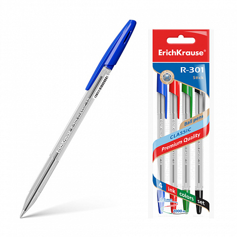 РУЧКА ШАРИКОВАЯ ERICHKRAUSE R-301 CLASSIC STICK 1.0, ЦВЕТ ЧЕРНИЛ: СИНИЙ, ЧЕРНЫЙ, КРАСНЫЙ, ЗЕЛЕНЫЙ