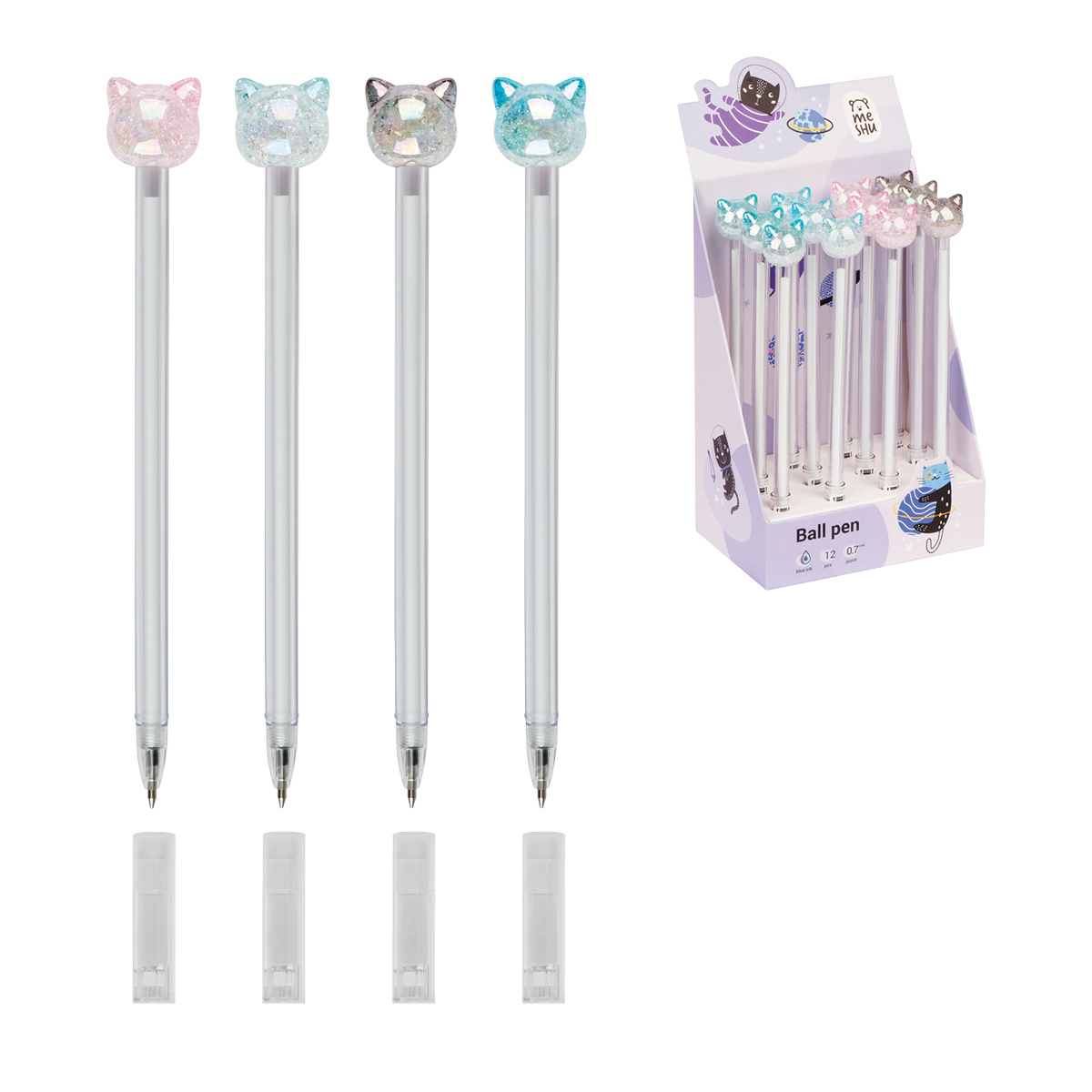 РУЧКА ШАРИКОВАЯ MESHU CRYSTAL KITTEN, СИНЯЯ, 0,7ММ, КОРПУС АССОРТИ, С ТОППЕРОМ