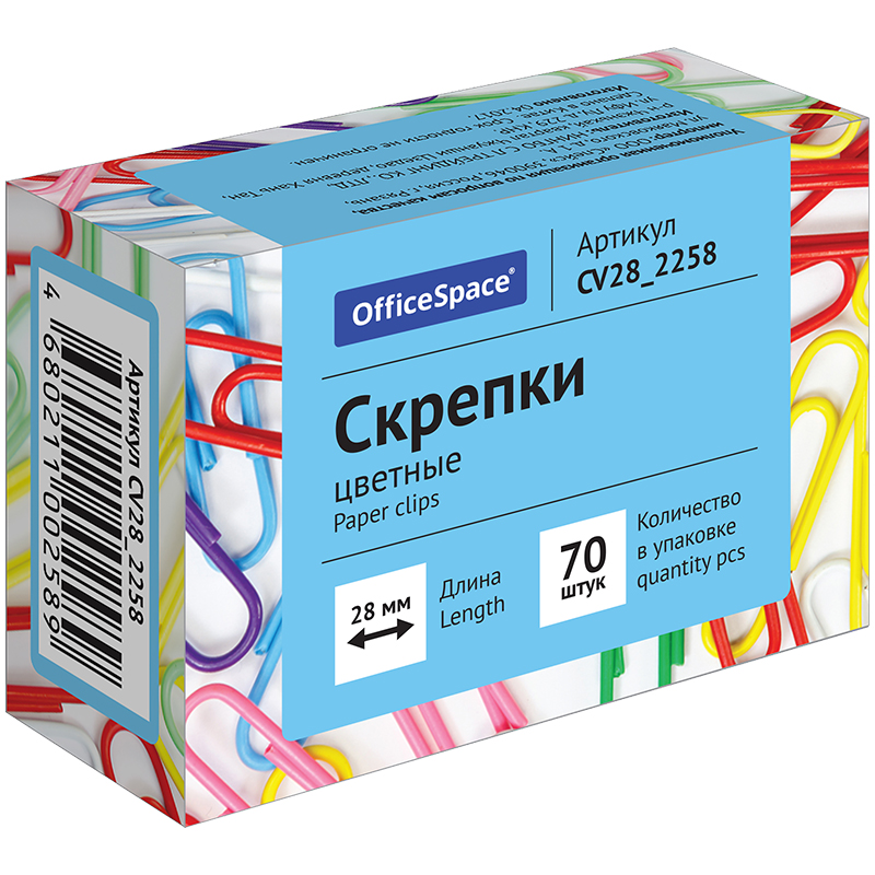 СКРЕПКИ 28ММ, OFFICESPACE, 70ШТ., ЦВЕТНЫЕ, КАРТ. УПАКОВКА