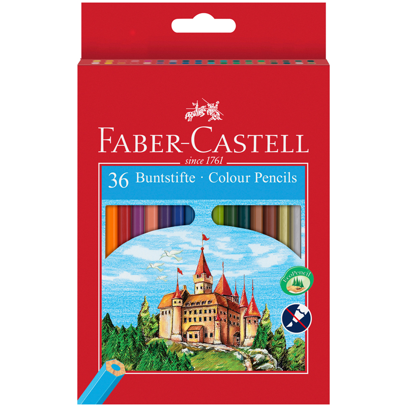 КАРАНДАШИ ЦВЕТНЫЕ FABER-CASTELL ЗАМОК, 36ЦВ., ШЕСТИГР., ЗАТОЧ.+ТОЧИЛКА, КАРТОН, ЕВРОПОДВЕС