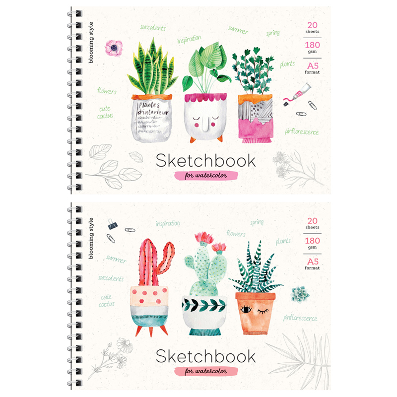 СКЕТЧБУК-БЛОКНОТ ДЛЯ АКВАРЕЛИ 20Л. А5 НА ГРЕБНЕ ARTSPACE CUTE PLANTS, 180Г/М2