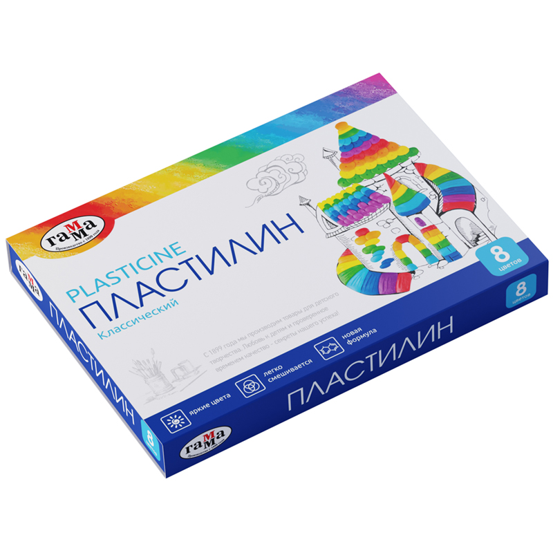 ПЛАСТИЛИН ГАММА КЛАССИЧЕСКИЙ, 08 ЦВЕТОВ, 160Г, СО СТЕКОМ, КАРТОН. УПАК.