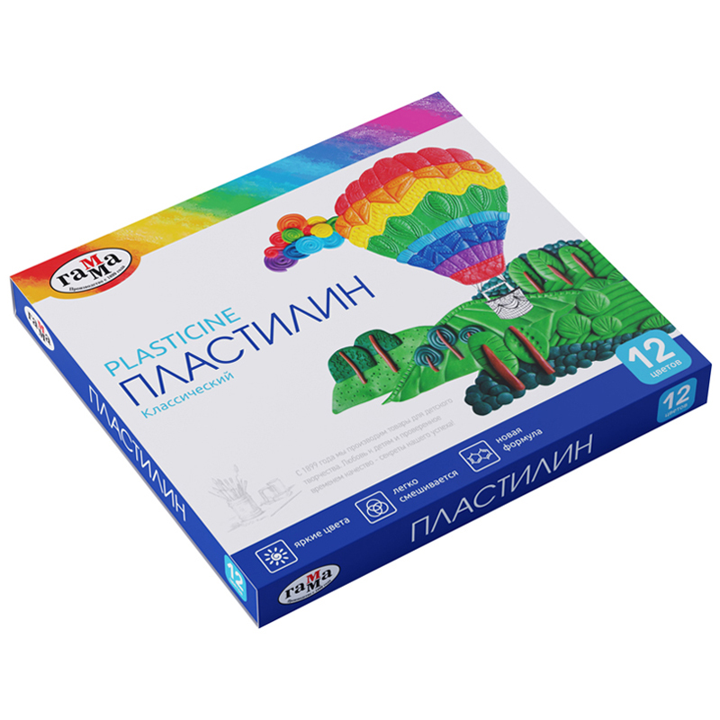 ПЛАСТИЛИН ГАММА КЛАССИЧЕСКИЙ, 12 ЦВЕТОВ, 240Г, СО СТЕКОМ, КАРТОН. УПАКОВКА