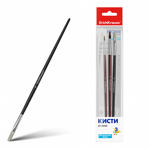 КИСТИ ERICHKRAUSE BASIC ДЛЯ АКВАРЕЛИ И ГУАШИ, ПОНИ И ЩЕТИНА, 3 ШТУКИ, В ПОЛИБЕГЕ