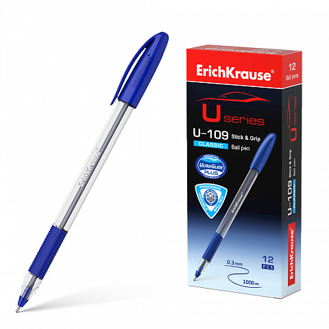 РУЧКА ШАРИКОВАЯ ERICHKRAUSE U-109 STICK&GRIP CLASSIC 1.0, ULTRA GLIDE TECHNOLOGY, ЦВЕТ ЧЕРНИЛ СИНИЙ