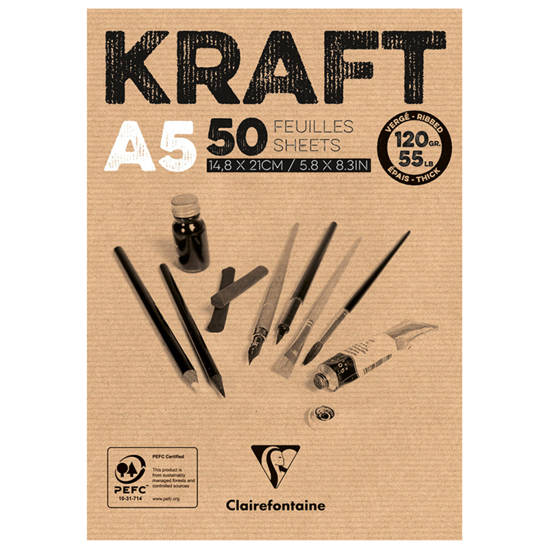 СКЕТЧБУК - БЛОКНОТ 50Л., А5 CLAIREFONTAINE KRAFT, НА СКЛЕЙКЕ, ВЕРЖЕ, КРАФТ, 120Г/М2