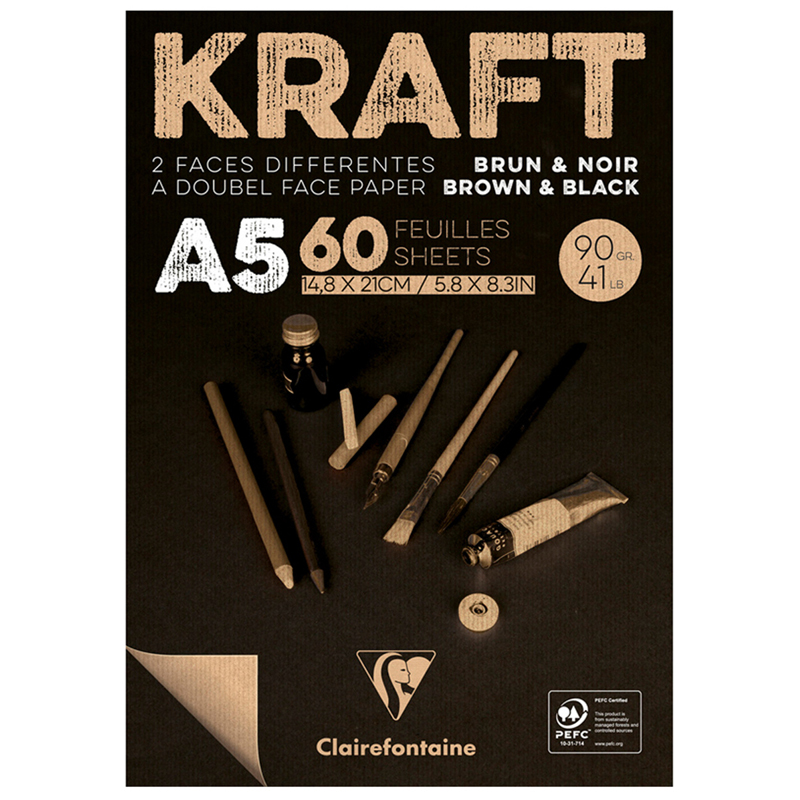 СКЕТЧБУК - БЛОКНОТ 60Л., А5 CLAIREFONTAINE KRAFT, НА СКЛЕЙКЕ, ВЕРЖЕ, ЧЕРНЫЙ/КРАФТ, 90Г/М2
