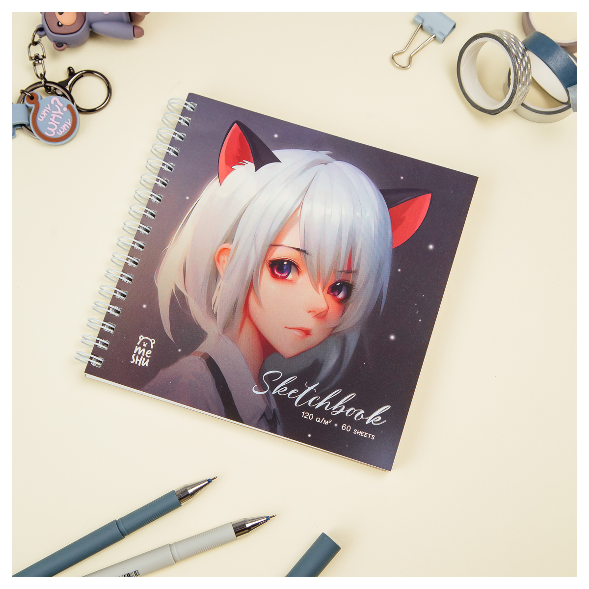 СКЕТЧБУК 60Л., 150*150 MESHU NEKO, НА ГРЕБНЕ, ВЫБ. ЛАК, SOFT-TOUCH, 120Г/М2