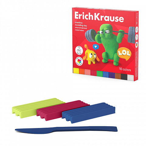 ПЛАСТИЛИН КЛАССИЧЕСКИЙ ERICHKRAUSE JOLLY FRIENDS 10 ЦВЕТОВ СО СТЕКОМ, 180 Г