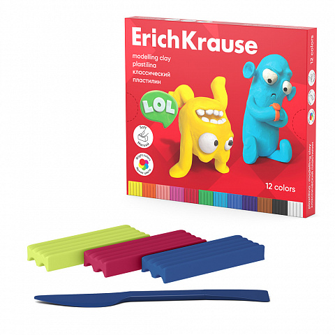 ПЛАСТИЛИН КЛАССИЧЕСКИЙ ERICHKRAUSE JOLLY FRIENDS 12 ЦВЕТОВ СО СТЕКОМ, 216 Г