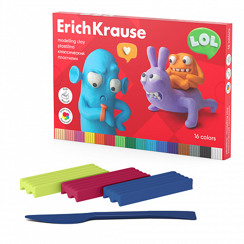 ПЛАСТИЛИН КЛАССИЧЕСКИЙ ERICHKRAUSE JOLLY FRIENDS 16 ЦВЕТОВ СО СТЕКОМ, 288 Г