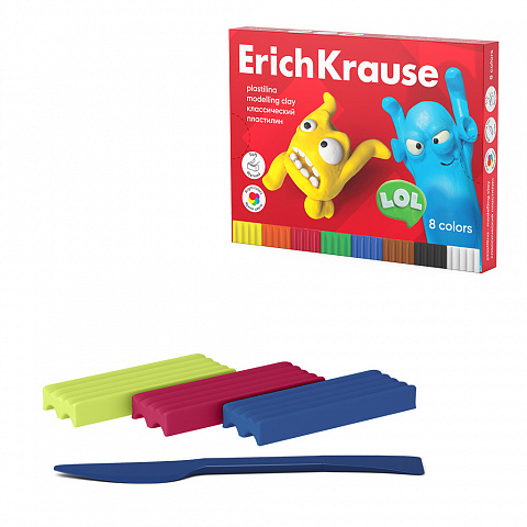 ПЛАСТИЛИН КЛАССИЧЕСКИЙ ERICHKRAUSE JOLLY FRIENDS 8 ЦВЕТОВ СО СТЕКОМ, 144 Г