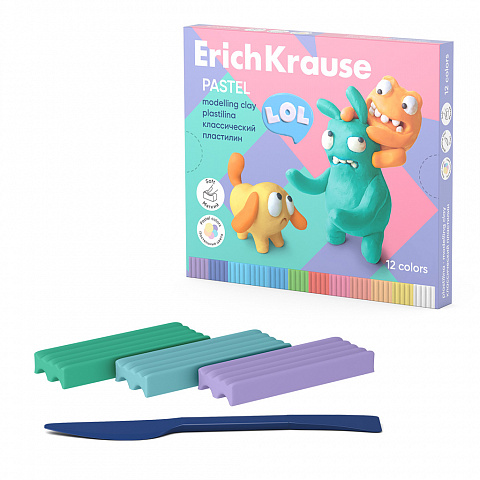 ПЛАСТИЛИН КЛАССИЧЕСКИЙ ERICHKRAUSE JOLLY FRIENDS PASTEL 12 ЦВЕТОВ СО СТЕКОМ, 216 Г