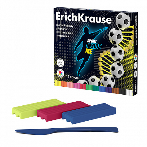 ПЛАСТИЛИН КЛАССИЧЕСКИЙ ERICHKRAUSE SPORT DNA 12 ЦВЕТОВ СО СТЕКОМ, 180 Г