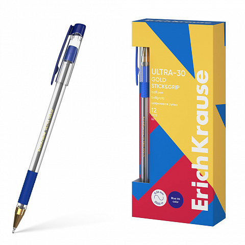 РУЧКА ШАРИКОВАЯ ERICHKRAUSE ULTRA-30 GOLD STICK&GRIP CLASSIC 0.7, SUPER GLIDE TECHNOLOGY, ЦВЕТ СИНИЙ