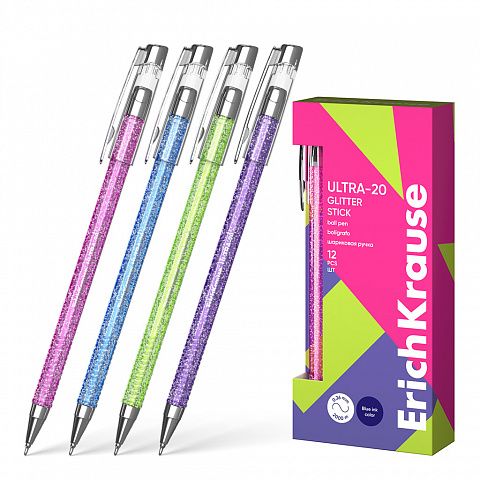 РУЧКА ШАРИКОВАЯ ERICHKRAUSE ULTRA-20 STICK GLITTER 0.7, SUPER GLIDE TECHNOLOGY, ЦВЕТ ЧЕРНИЛ СИНИЙ