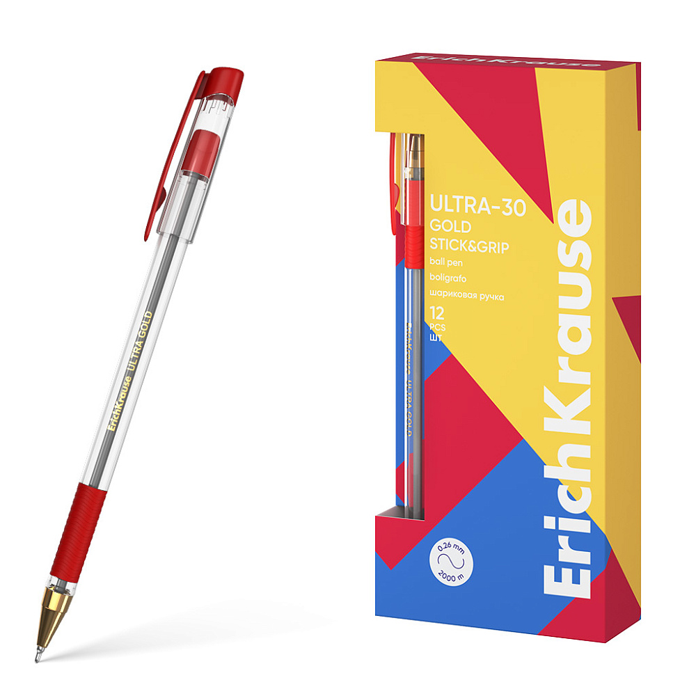 РУЧКА ШАРИКОВАЯ ERICHKRAUSE ULTRA-30 GOLD STICK&GRIP CLASSIC 0.7, SUPER GLIDE TECHNOLOGY, ЦВЕТ КРАСНЫЙ
