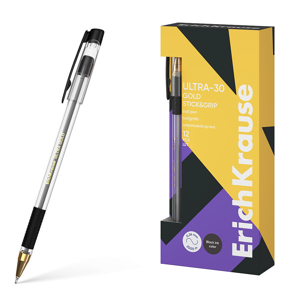 РУЧКА ШАРИКОВАЯ ERICHKRAUSE ULTRA-30 GOLD STICK&GRIP CLASSIC 0.7, SUPER GLIDE TECHNOLOGY, ЦВЕТ ЧЕРНЫЙ