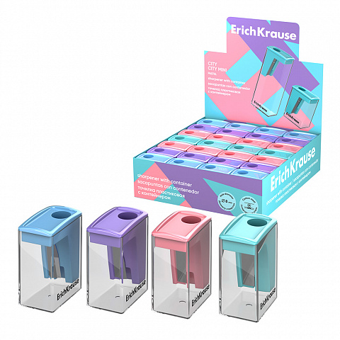 ТОЧИЛКА ПЛАСТИКОВАЯ ERICHKRAUSE CITY MINI, PASTEL, С КОНТЕЙНЕРОМ, АССОРТИ