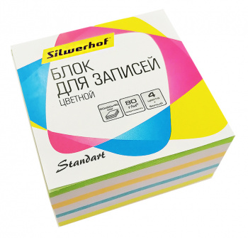 БЛОК ДЛЯ ЗАПИСЕЙ БУМАЖНЫЙ SILWERHOF СТАНДАРТ 701029 90Х90Х45ММ 80Г/М2 АССОРТИ 5ЦВ.В УПАК.