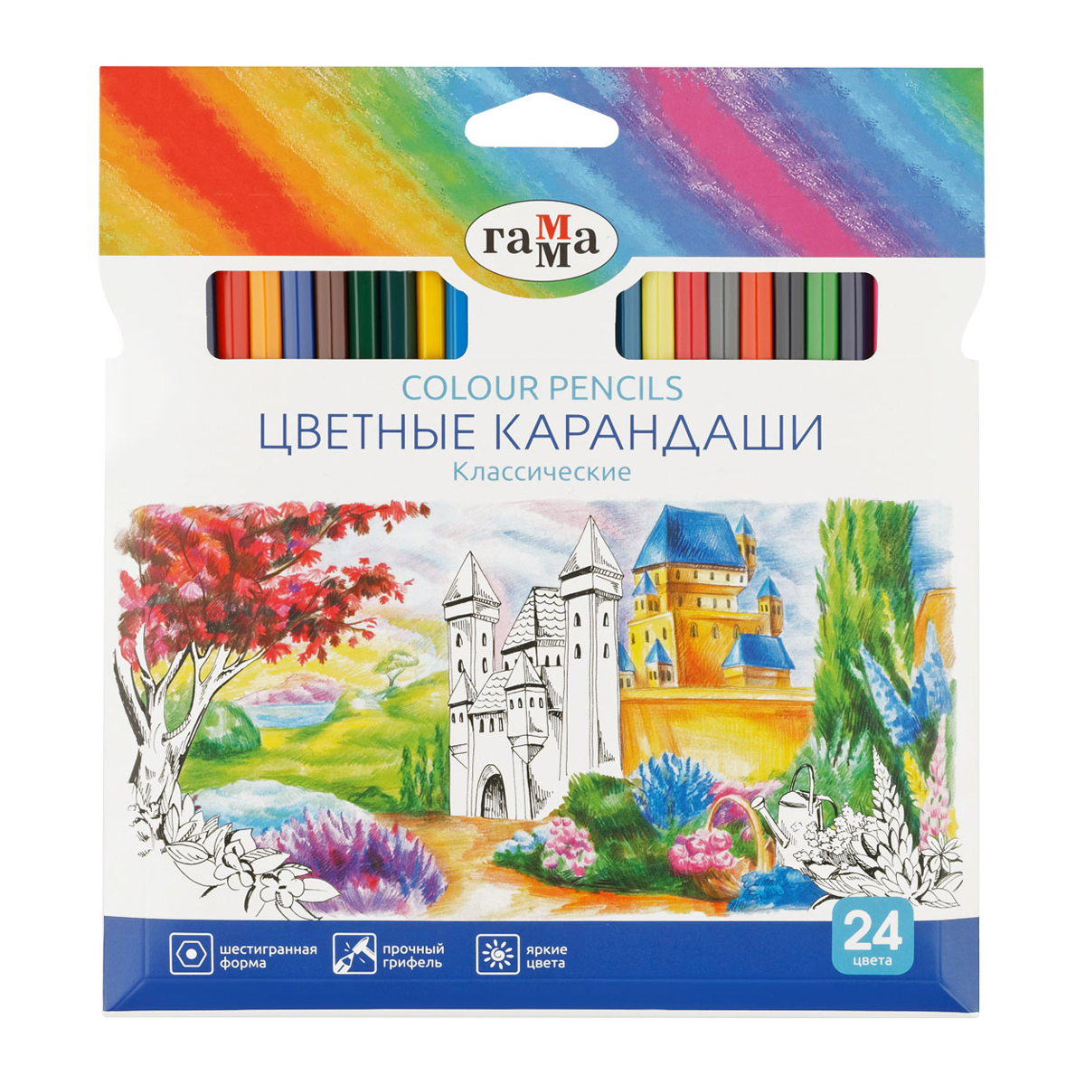 КАРАНДАШИ ЦВЕТНЫЕ ГАММА КЛАССИЧЕСКИЕ, 24ЦВ., ЗАТОЧЕН., КАРТОН. УПАКОВКА, ЕВРОПОДВЕС