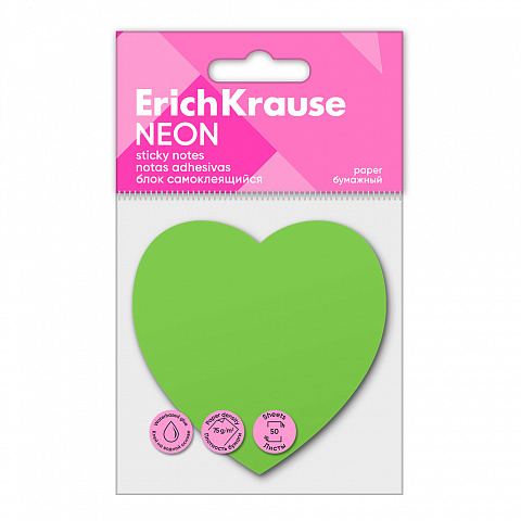 БЛОК САМОКЛЕЯЩИЙСЯ БУМАЖНЫЙ ERICHKRAUSE HEART NEON, 50 ЛИСТОВ, ЗЕЛЕНЫЙ