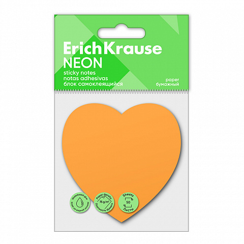 БЛОК САМОКЛЕЯЩИЙСЯ БУМАЖНЫЙ ERICHKRAUSE HEART NEON, 50 ЛИСТОВ, ОРАНЖЕВЫЙ