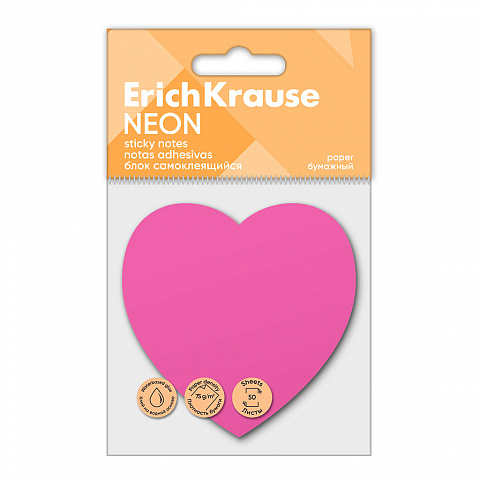 БЛОК САМОКЛЕЯЩИЙСЯ БУМАЖНЫЙ ERICHKRAUSE HEART NEON, 50 ЛИСТОВ, РОЗОВЫЙ