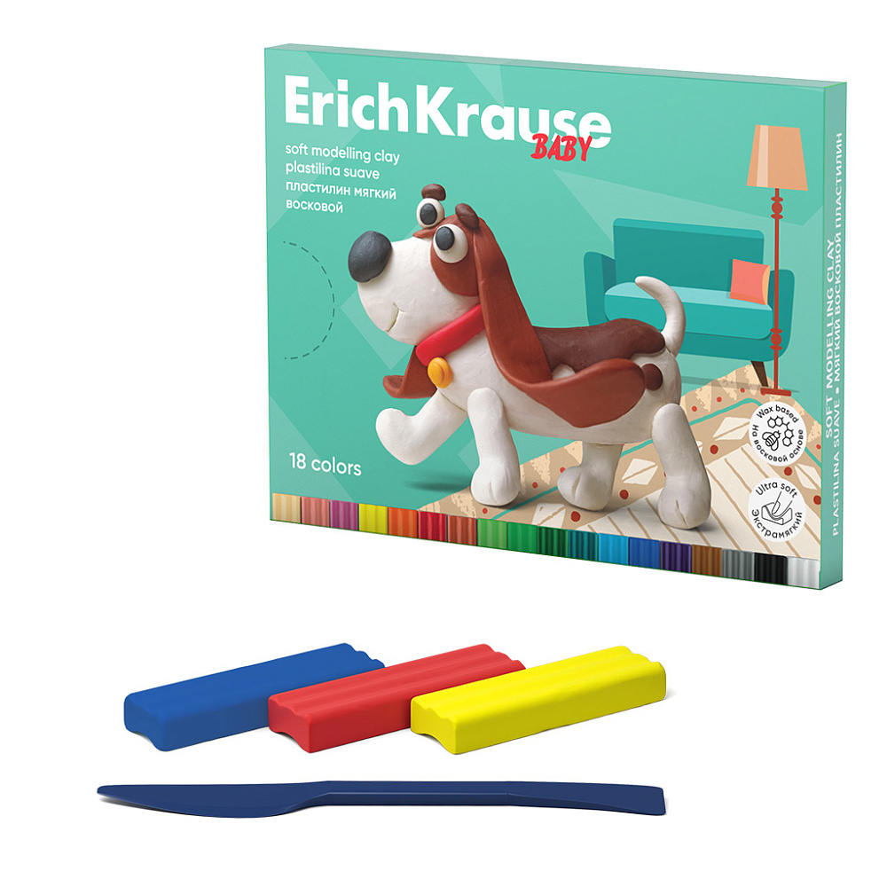 ПЛАСТИЛИН МЯГКИЙ ВОСКОВОЙ ERICHKRAUSE BABY 18 ЦВЕТОВ СО СТЕКОМ, 234 Г (В КОРОБКЕ 18 ШТ)