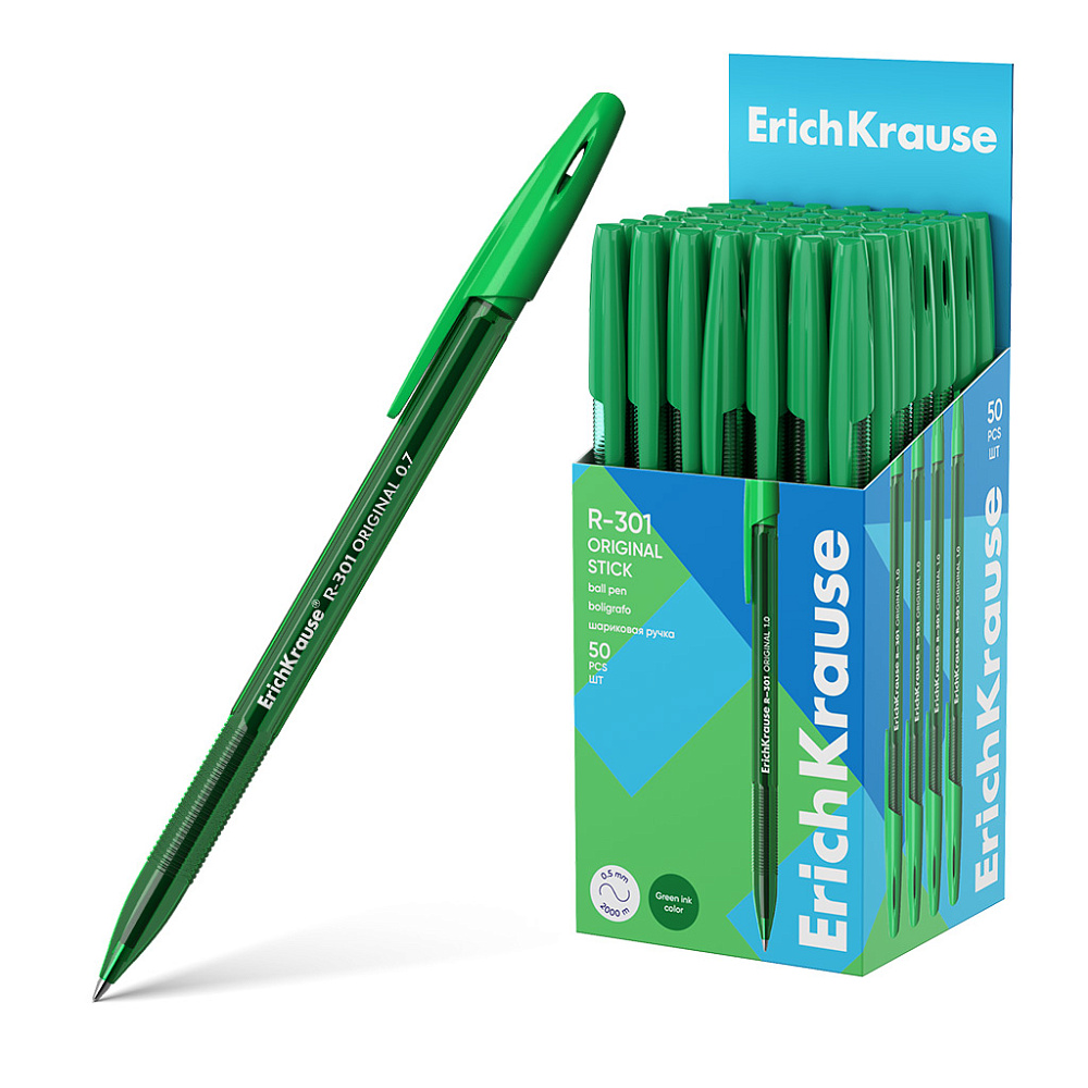 РУЧКА ШАРИКОВАЯ ERICHKRAUSE R-301 STICK ORIGINAL 1.0, ЦВЕТ ЧЕРНИЛ ЗЕЛЕНЫЙ