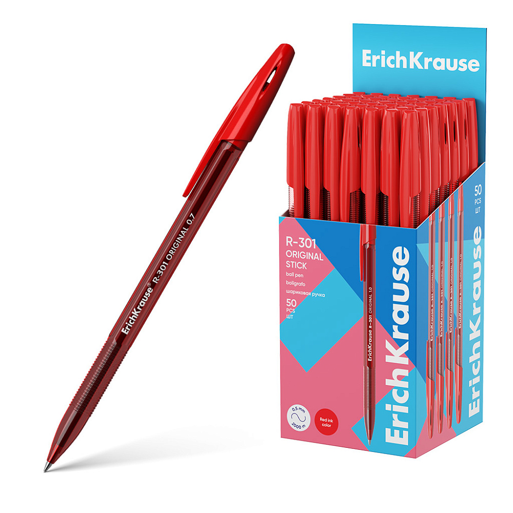 РУЧКА ШАРИКОВАЯ ERICHKRAUSE R-301 STICK ORIGINAL 1.0, ЦВЕТ ЧЕРНИЛ КРАСНЫЙ