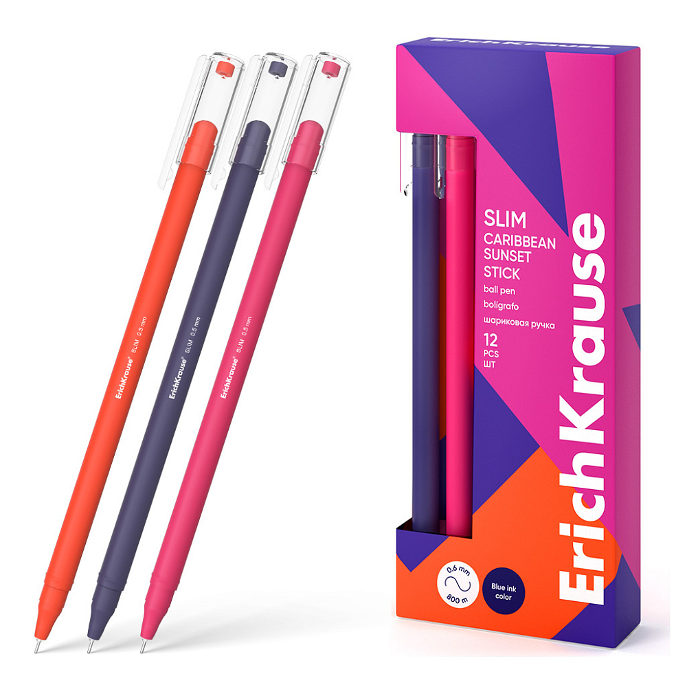 РУЧКА ШАРИКОВАЯ ERICHKRAUSE SLIM STICK CARIBBEAN SUNSET 0.7, ЦВЕТ ЧЕРНИЛ СИНИЙ