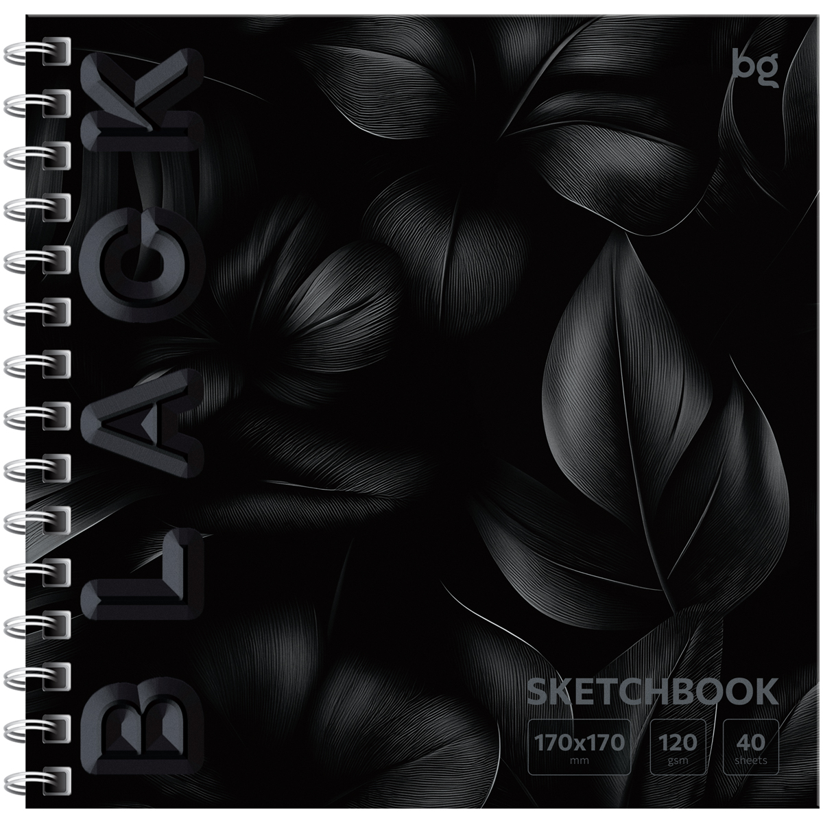 СКЕТЧБУК 40Л., 170*170 BG BLACK. LEAVES, НА ГРЕБНЕ, SOFT TUCH, ВЫБОРОЧНЫЙ ЛАК, 120Г/М2