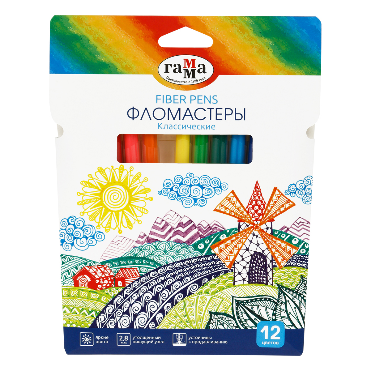 ФЛОМАСТЕРЫ ГАММА КЛАССИЧЕСКИЕ, 12ЦВ., СМЫВАЕМЫЕ, КАРТОН. УПАК., ЕВРОПОДВЕС