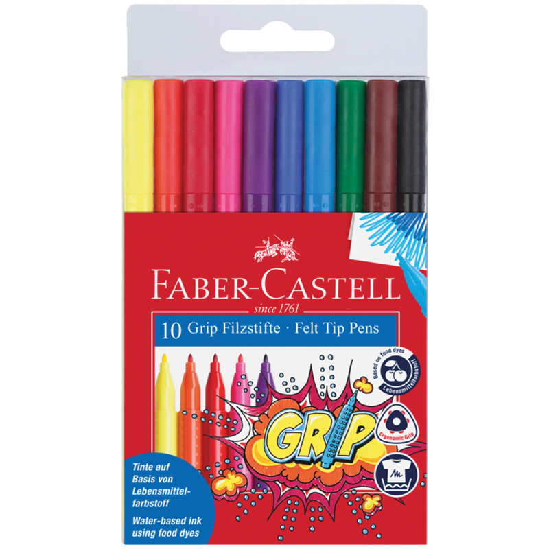ФЛОМАСТЕРЫ FABER-CASTELL GRIP, 10ЦВ., ТРЕХГРАННЫЕ, СМЫВАЕМЫЕ, ПЛАСТИК. УП., ЕВРОПОДВЕС
