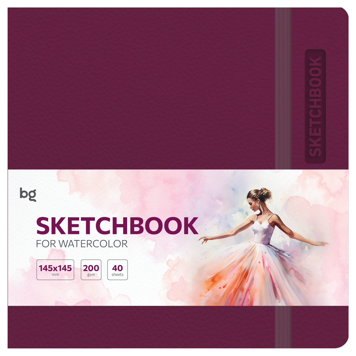 СКЕТЧБУК ДЛЯ АКВАРЕЛИ 40Л., 145*145 BG BRIGHT. BERRY, КОЖЗАМ, НА РЕЗИНКЕ, 200Г/М2