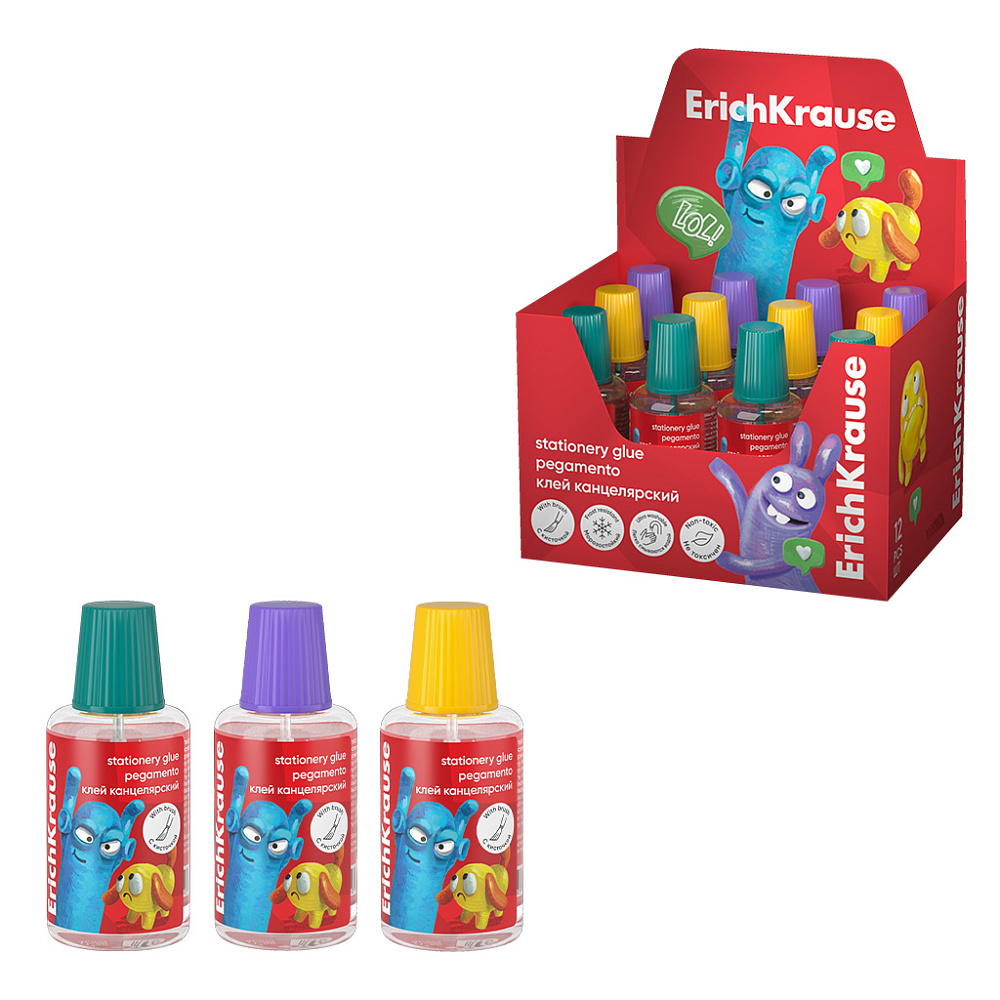 КЛЕЙ КАНЦЕЛЯРСКИЙ ERICHKRAUSE EASYSTICK JOLLY FRIENDS, С КИСТОЧКОЙ, 20МЛ, АССОРТИ